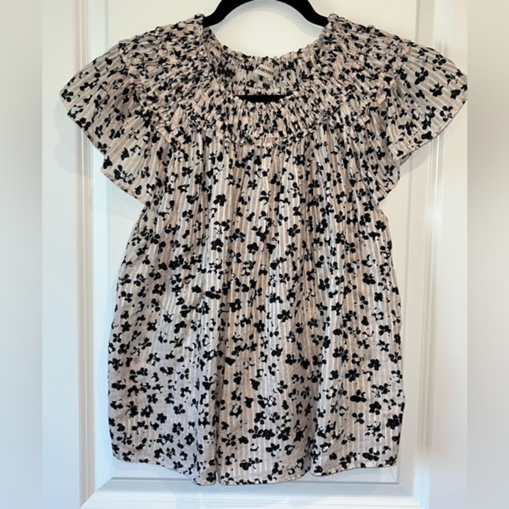 Ulla Johnson Pink-Black Floral Smocked Feminine Blouse Romantic Boho Top size 8